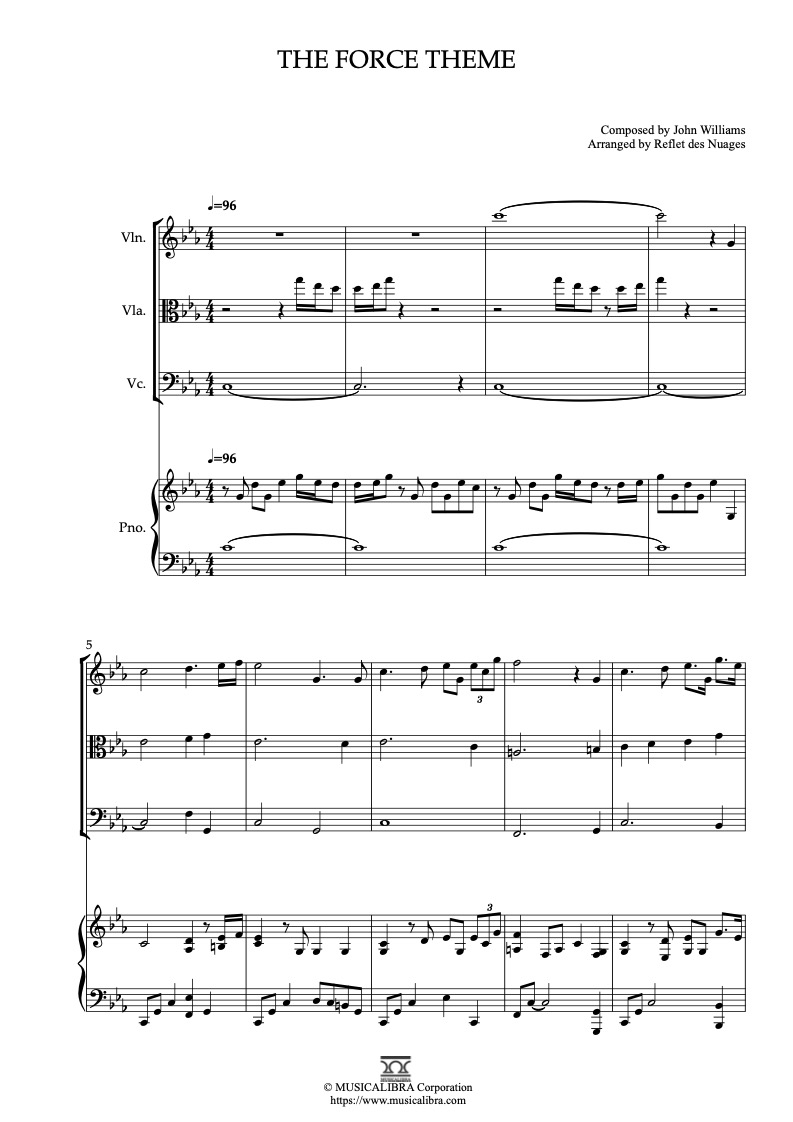 Partitura de StarWars The Force Theme arreglada para cuarteto de violín, viola, violonchelo y piano