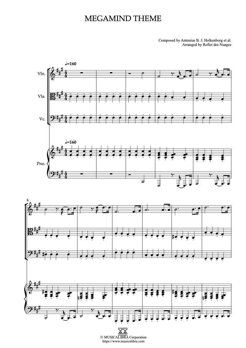 Partitura de Megamind Theme arreglada para cuarteto de violín, viola, violonchelo y piano