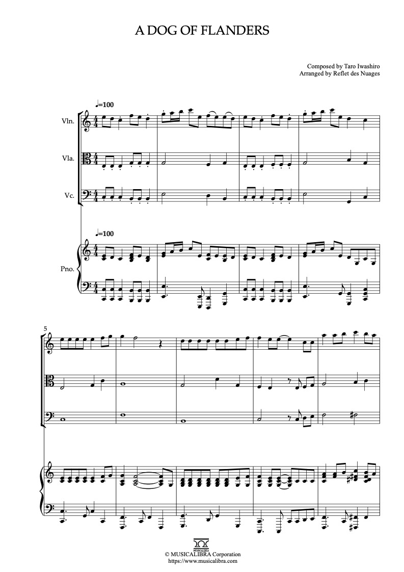 Sheet music of A Dog of Flanders OST arranged for violin, viola, cello and piano quartet chamber ensemble preview page 1