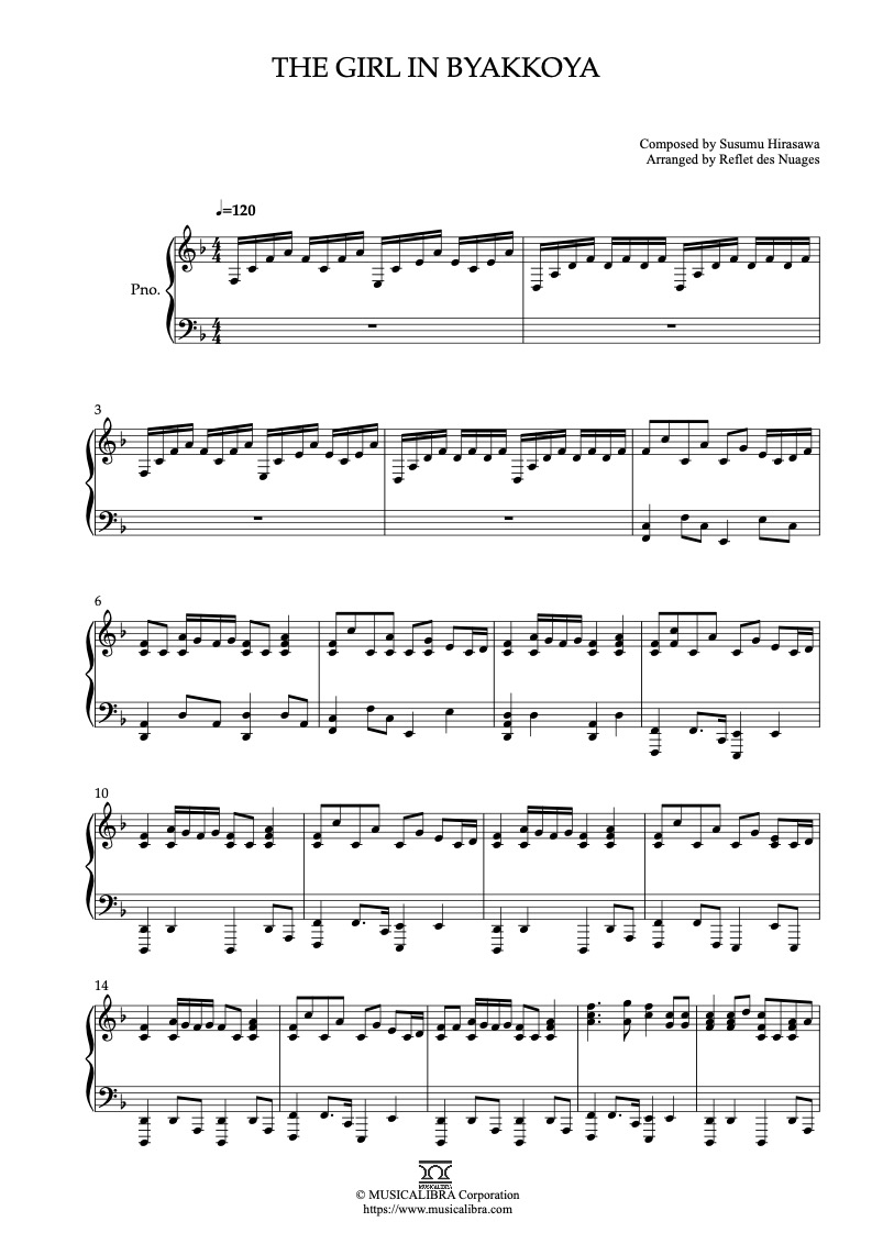 Partitura de Paprika The Girl in Byakkoya arreglada para piano solo