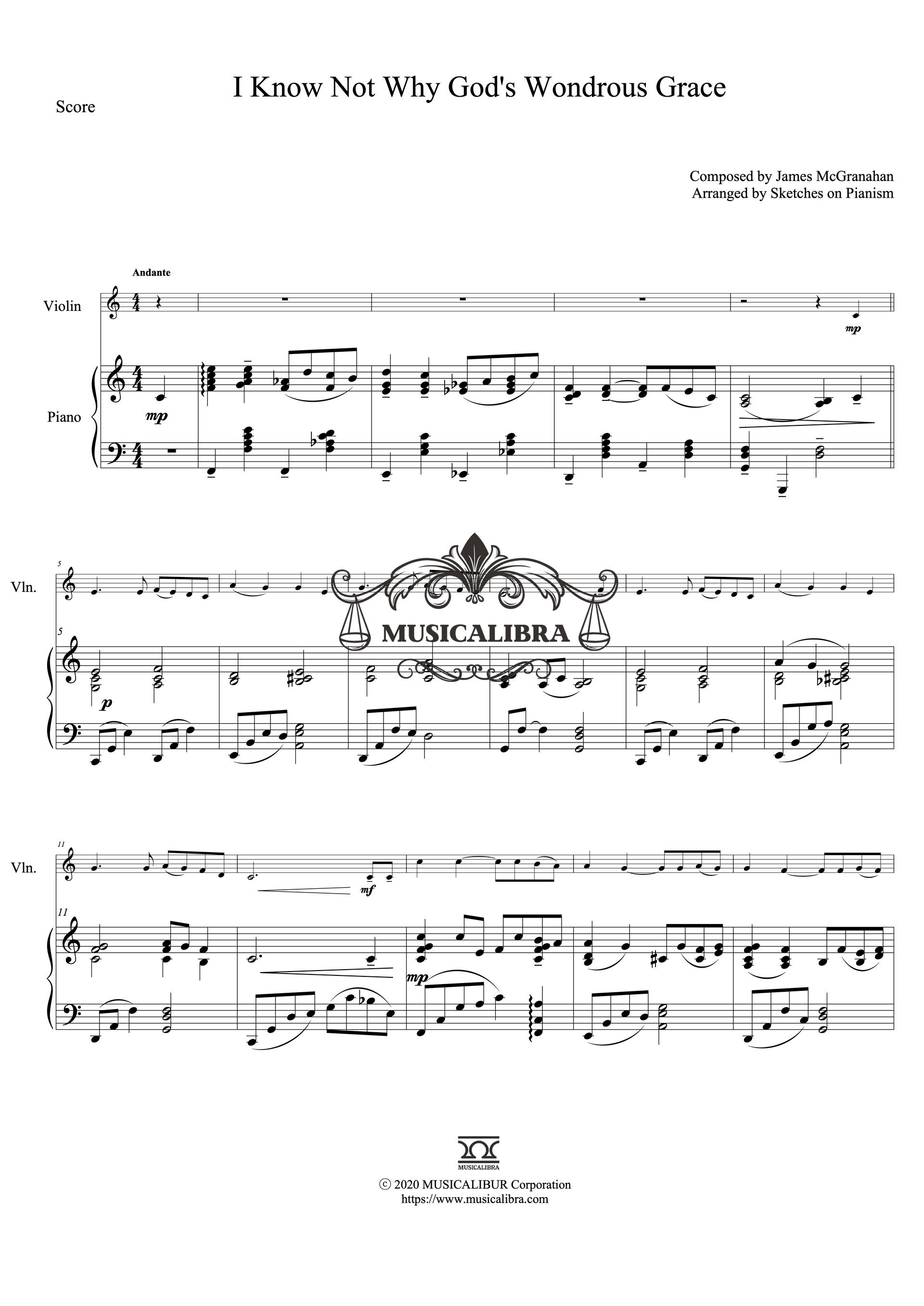 I Know Not Why God's Wondrous Grace 二重奏 樂譜 - 小提琴, 鋼琴