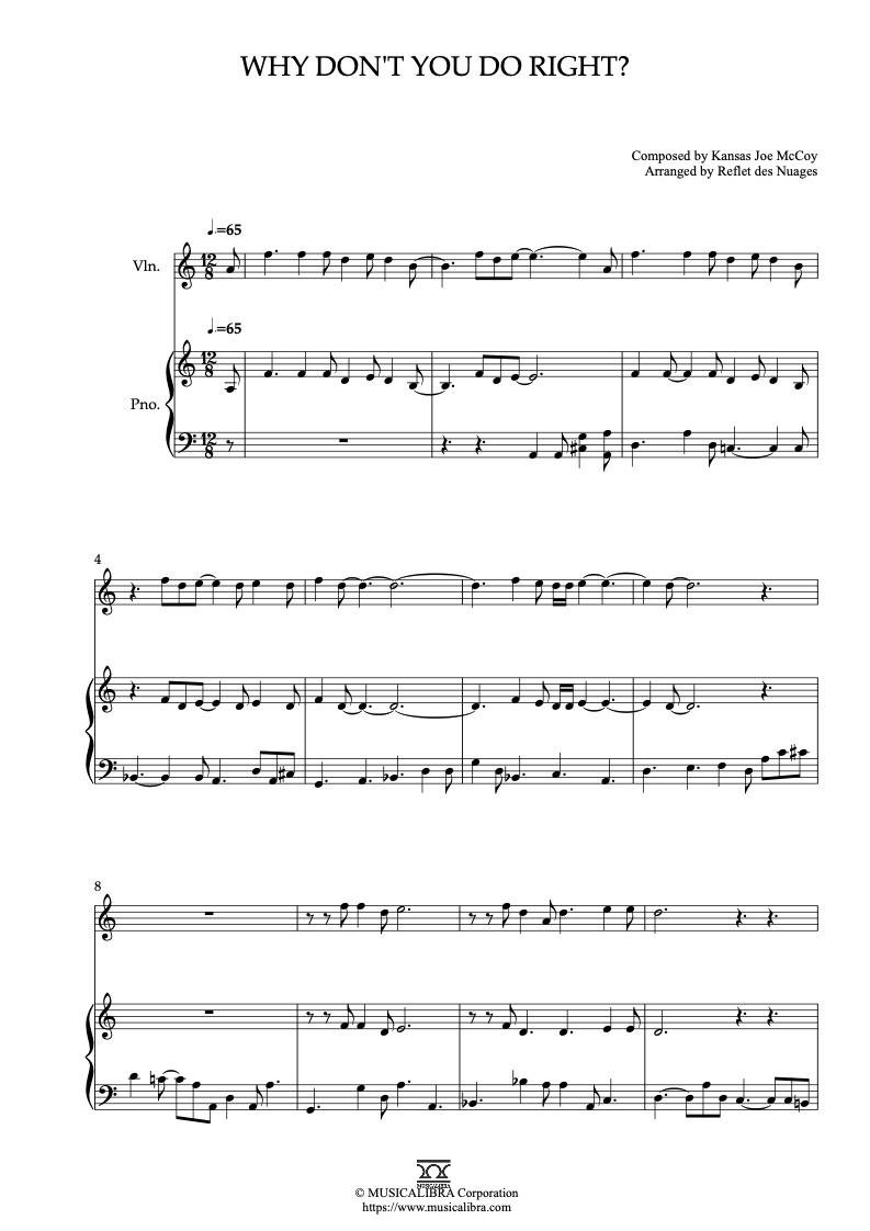 Sheet music of Who Framed Roger Rabbit Why Don't You Do Right? arranged for violin and piano duet chamber ensemble preview page 1