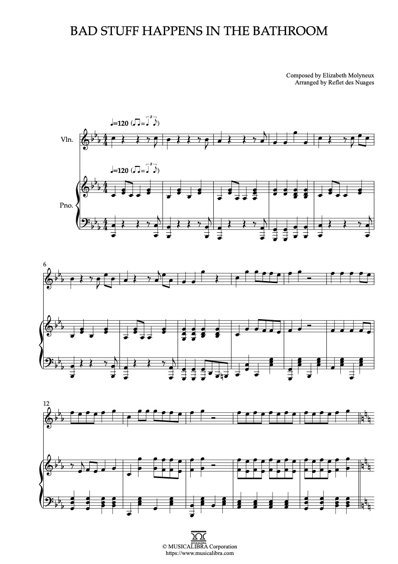 Sheet music of Bad Stuff Happens in the Bathroom arranged for violin and piano duet chamber ensemble preview page 1