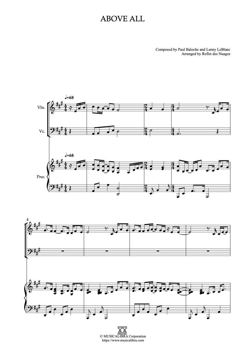 Sheet music of Above All arranged for violin, cello and piano trio chamber ensemble preview page 1