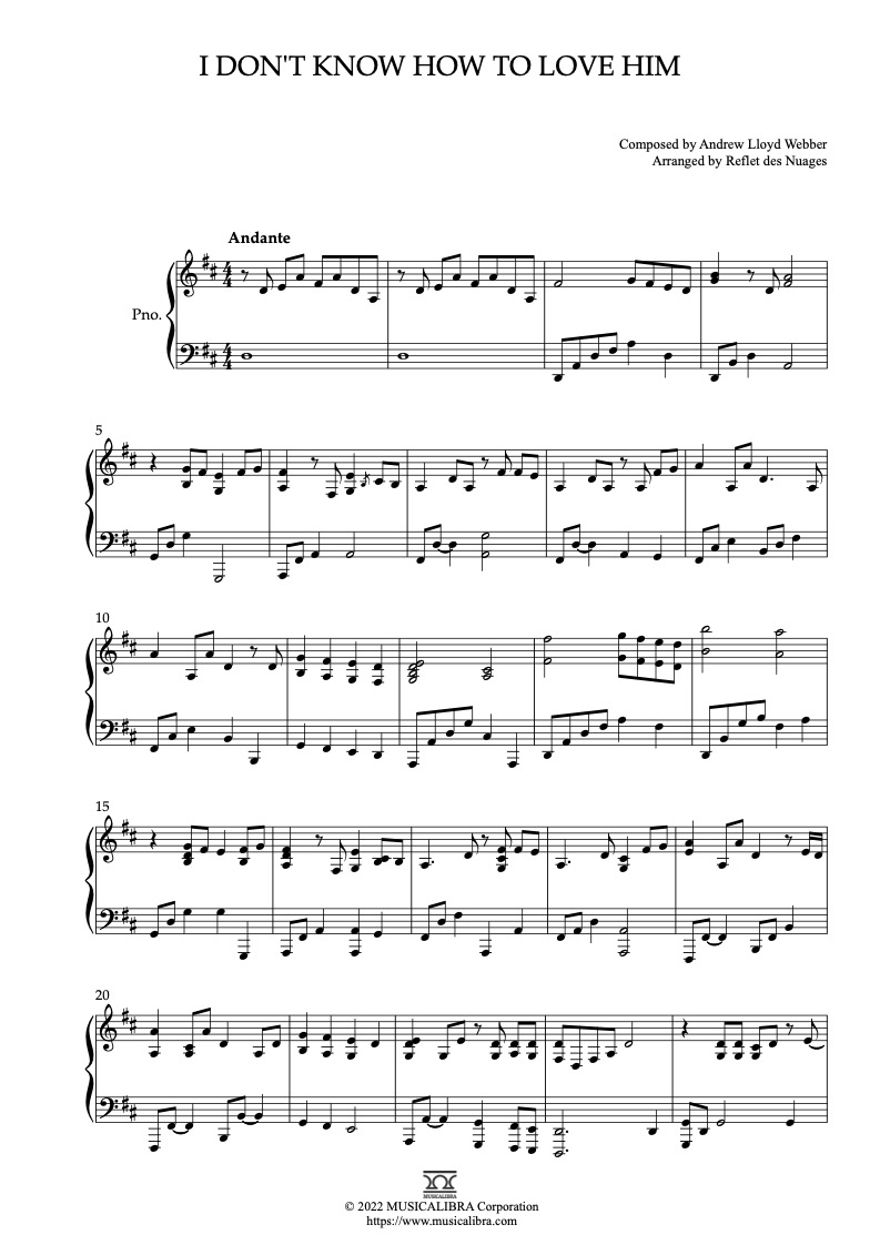Sheet music of Jesus Christ Superstar I Don't Know How to Love Him arranged for piano solo preview page 1