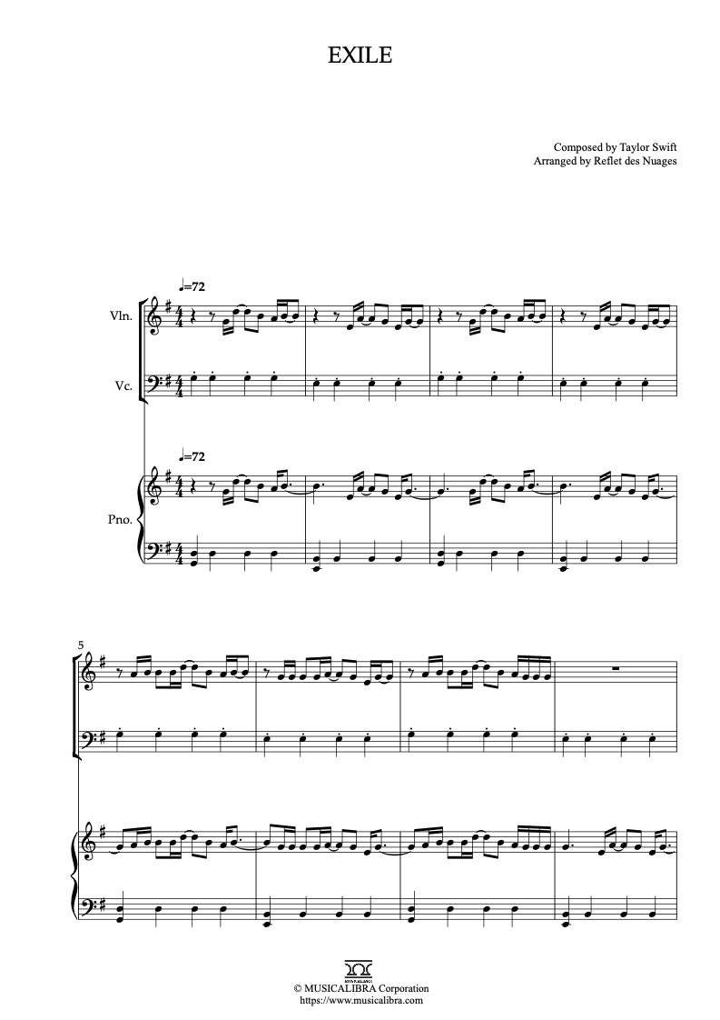 Sheet music of Taylor Swift exile arranged for violin, cello and piano trio chamber ensemble preview page 1