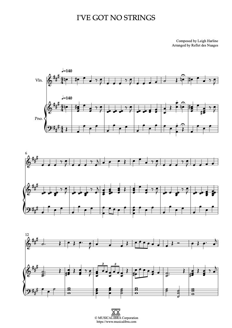 Partitura de Pinocchio I've Got No Strings arreglada para dueto de violín y piano