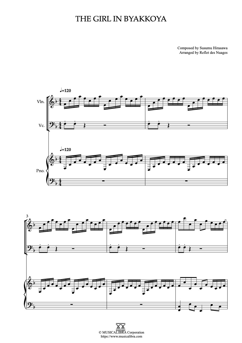 Partitura de Paprika The Girl in Byakkoya arreglada para trío de violín, violonchelo y piano