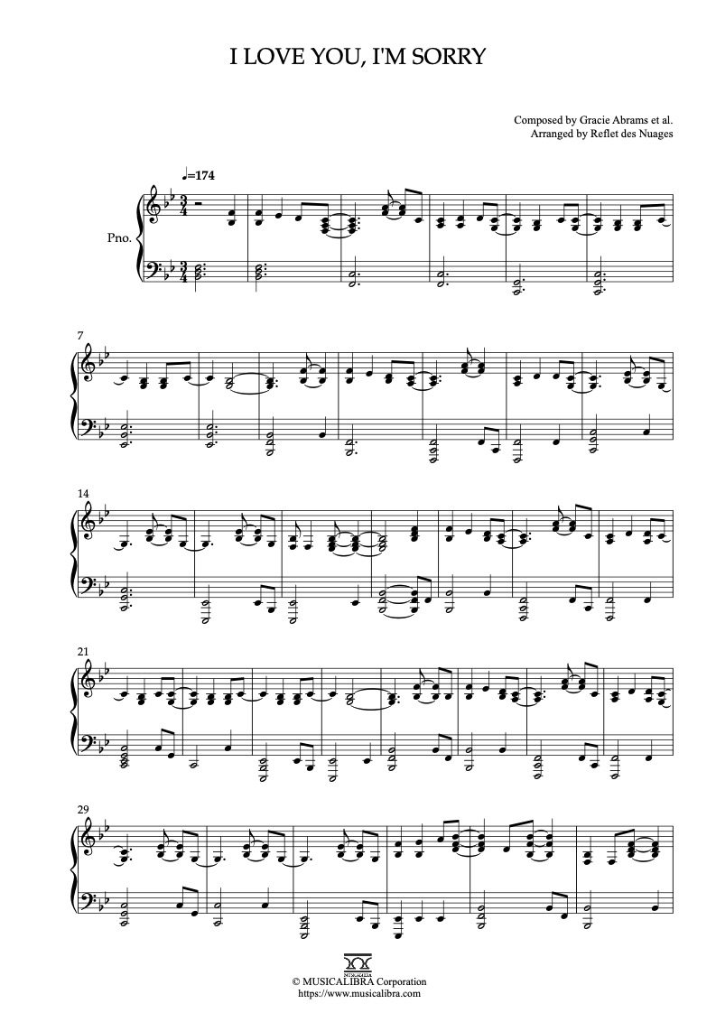 Partitura de Gracie Abrams I Love You, I'm Sorry arreglada para piano solo