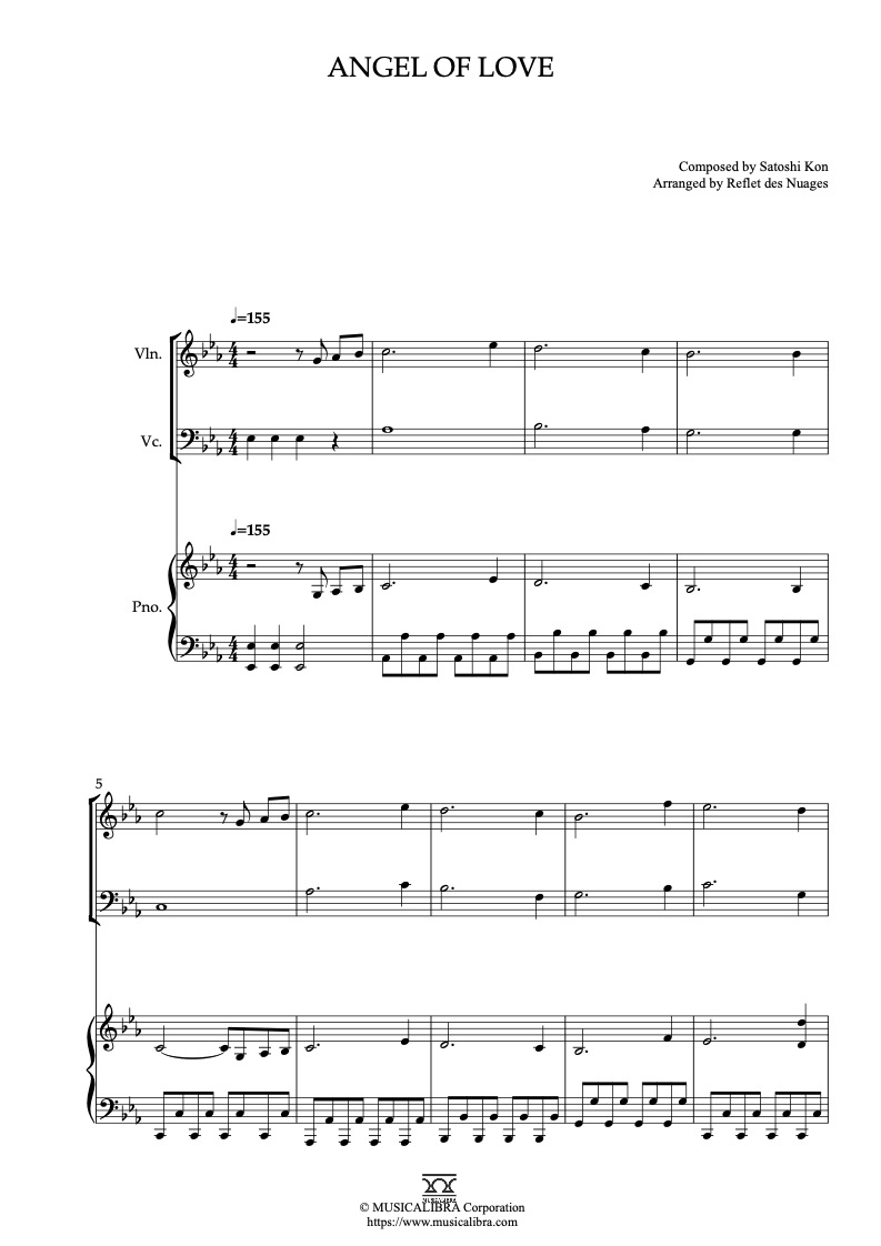 Sheet music of Perfect Blue Angel of Love arranged for violin, cello and piano trio chamber ensemble preview page 1