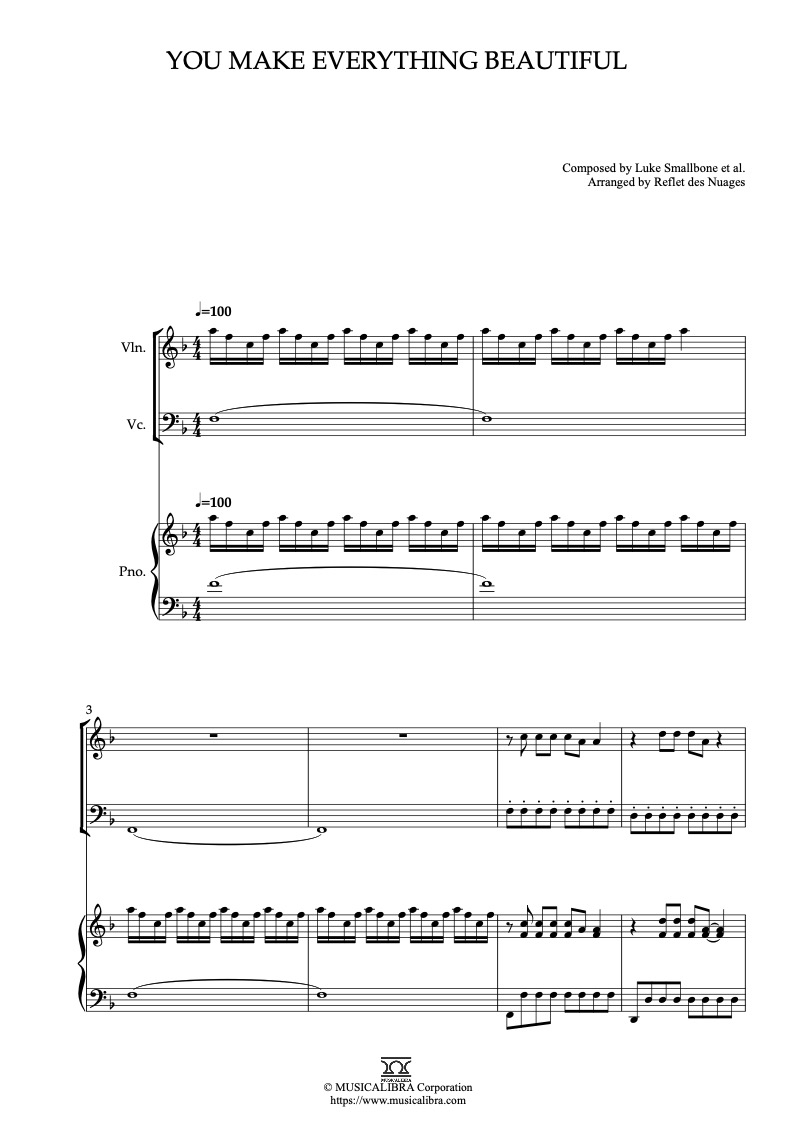 You Make Everything Beautiful 바이올린, 첼로, 피아노 트리오 실내악 앙상블 편곡 악보