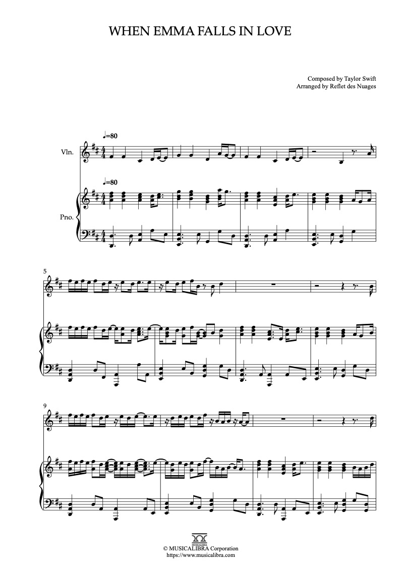 Taylor Swift When Emma Falls in Love 二重奏 乐谱 - 小提琴, 钢琴