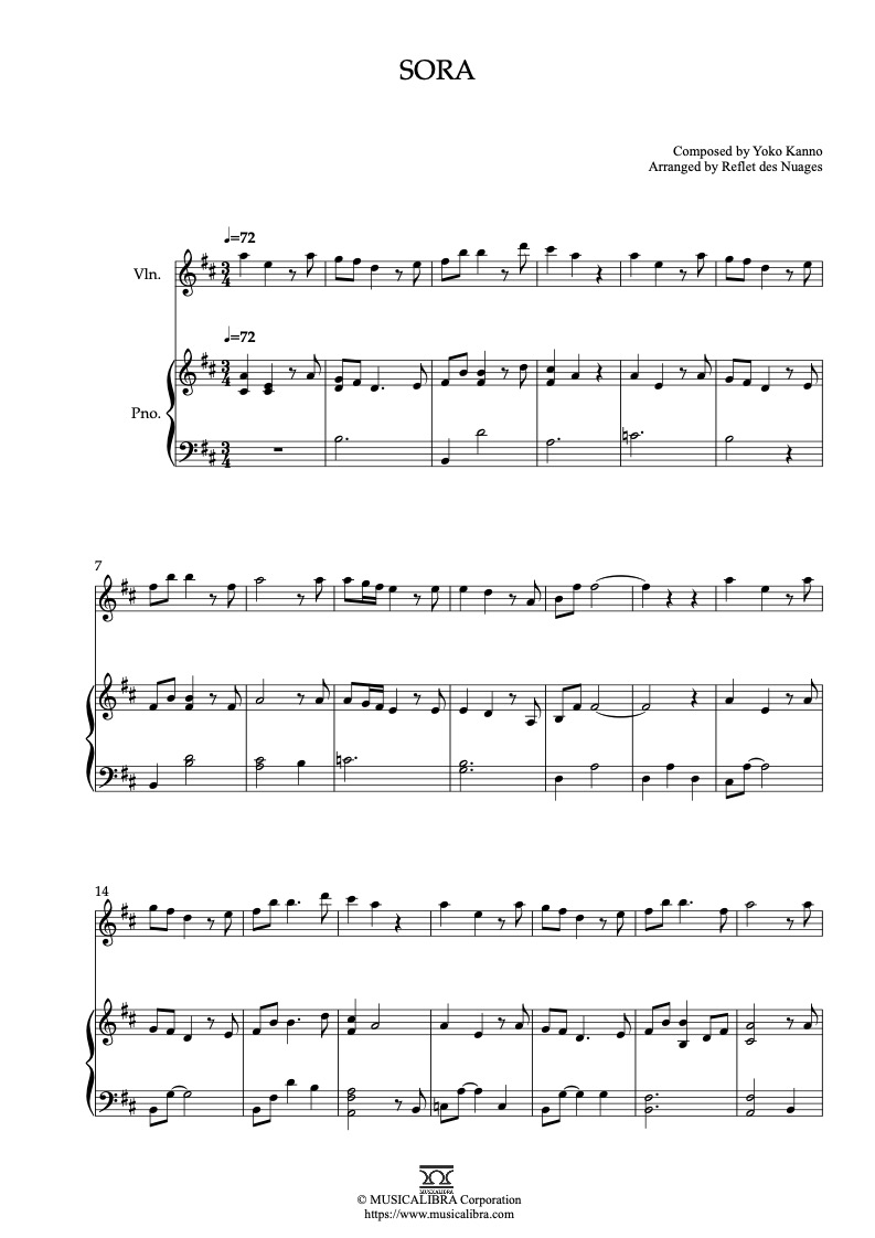 Partitura de Escaflowne Sora arreglada para dueto de violín y piano