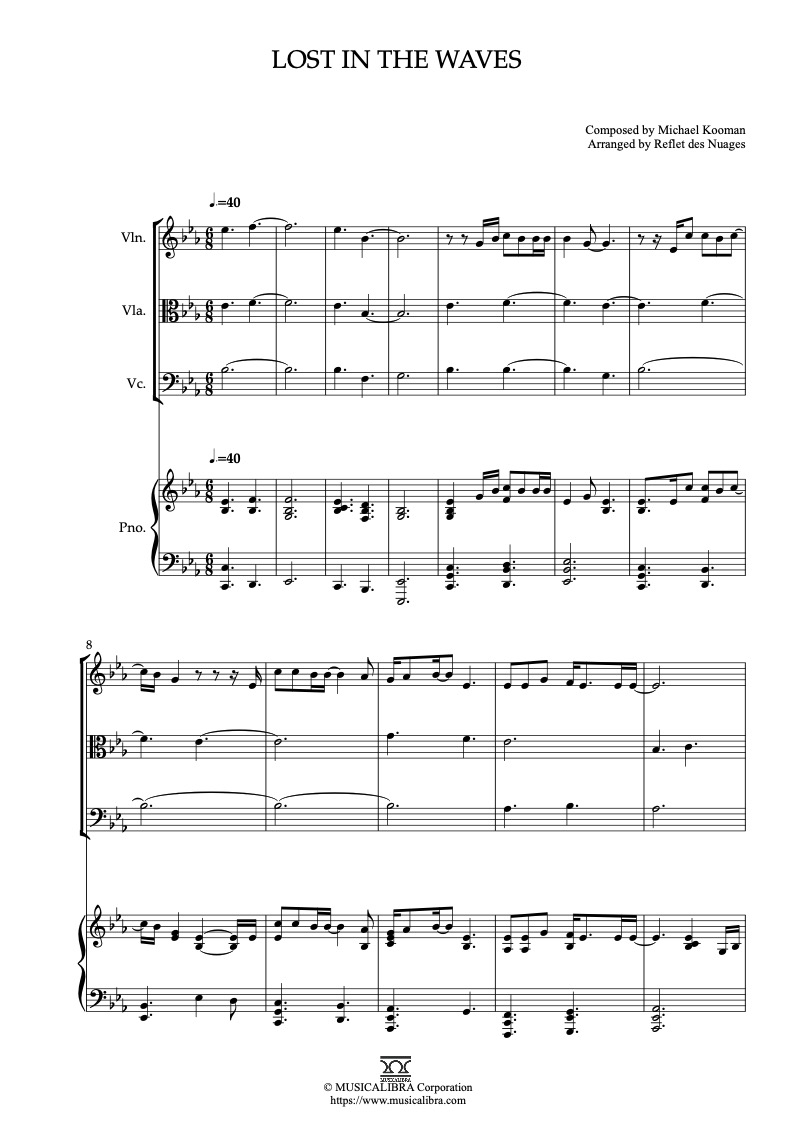 Sheet music of Kooman & Dimond Lost in the Waves arranged for violin, viola, cello and piano quartet chamber ensemble preview page 1