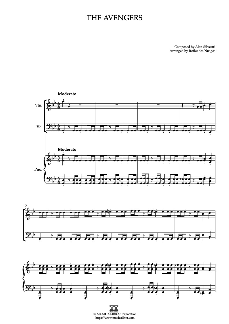 Sheet music of The Avengers arranged for violin, cello and piano trio chamber ensemble preview page 1