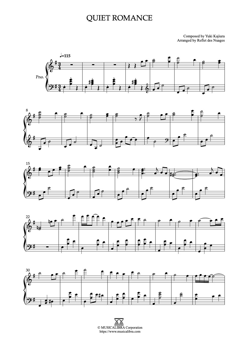 Sheet music of Quiet Romance arranged for piano solo preview page 1