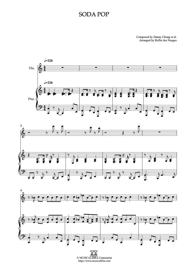 Partitura de KPop Demon Hunters Soda Pop arreglada para dueto de violín y piano