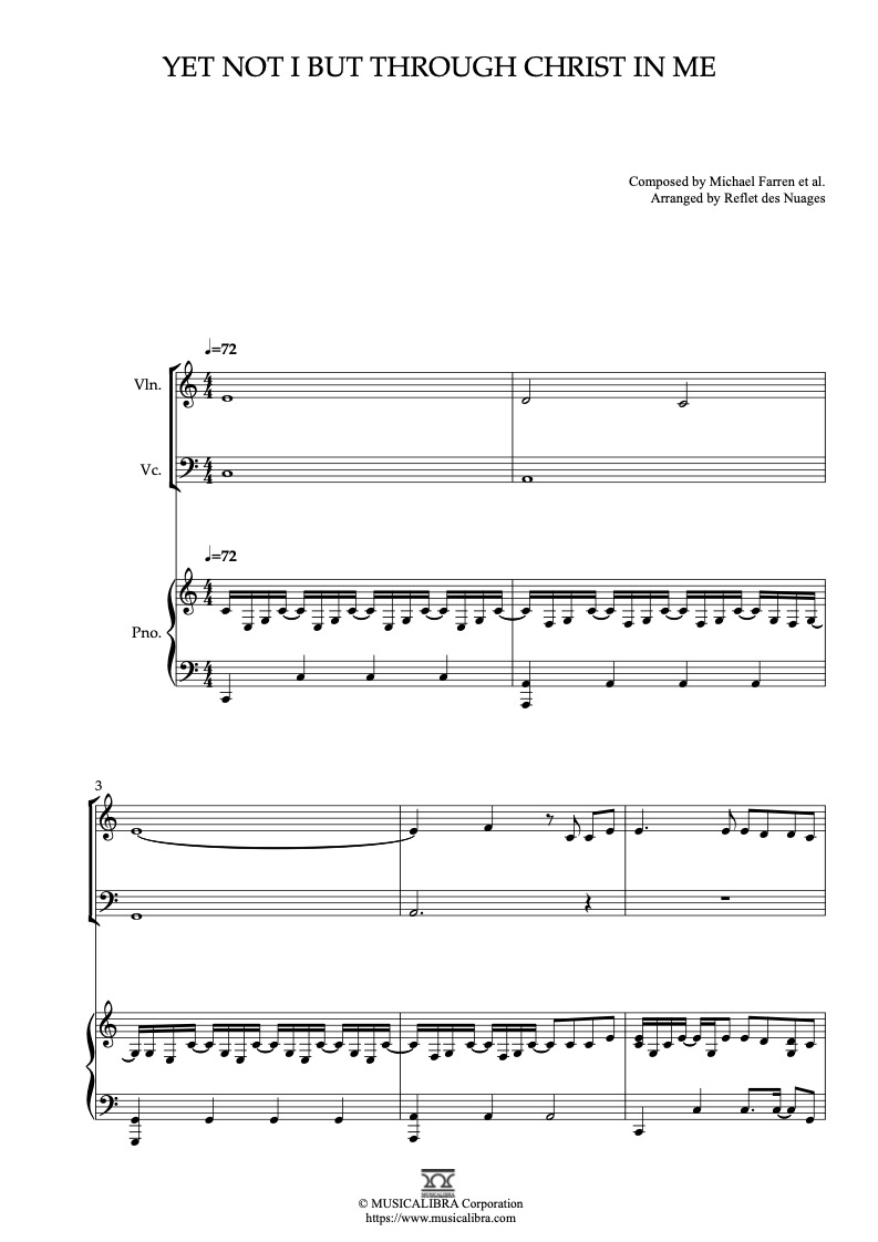 Sheet music of Yet Not I but Through Christ in Me arranged for violin, cello and piano trio chamber ensemble preview page 1