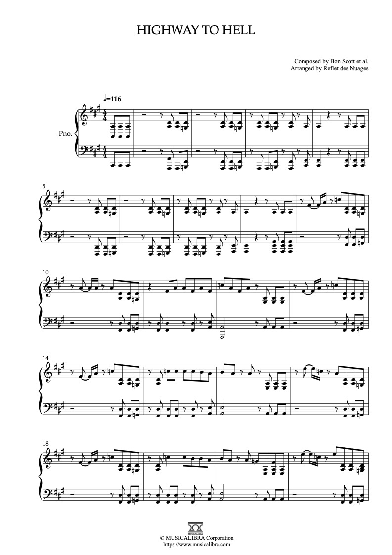 Sheet music of AC/DC Highway to Hell arranged for piano solo preview page 1