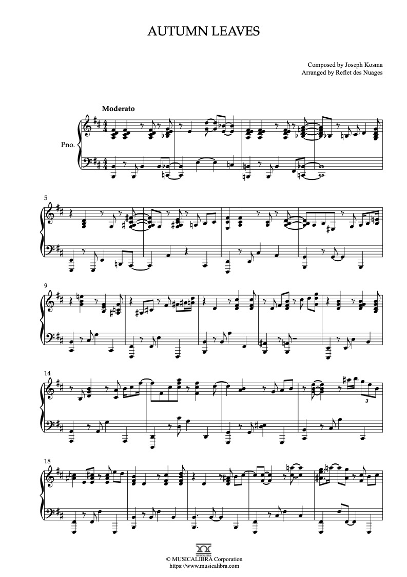 Sheet music of Autumn Leaves arranged for piano solo preview page 1