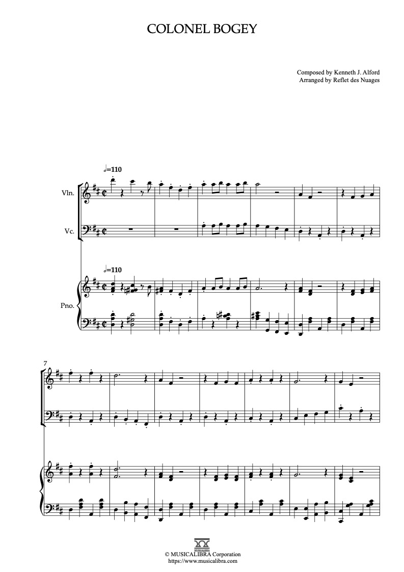Partitura de Colonel Bogey arreglada para trío de violín, violonchelo y piano