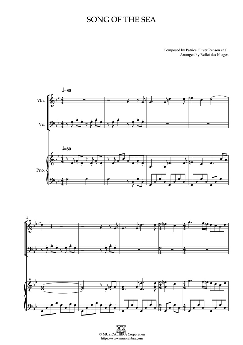Partitura de Song of the Sea arreglada para trío de violín, violonchelo y piano