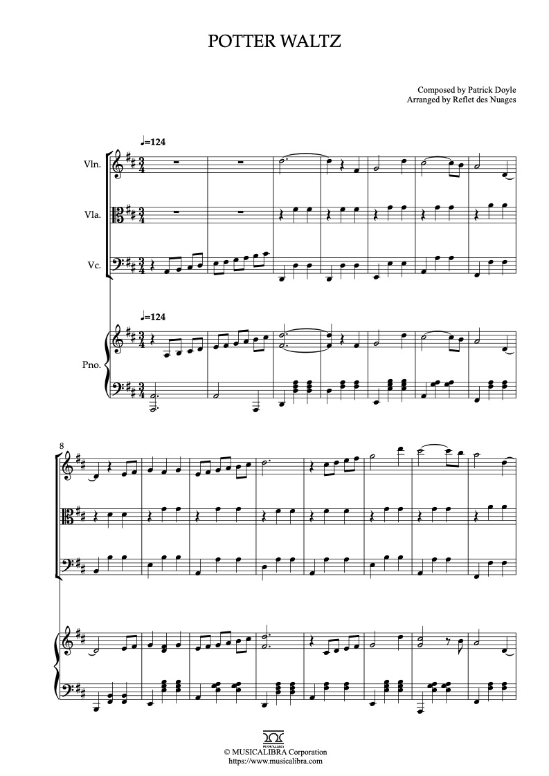 Sheet music of Potter Waltz arranged for violin, viola, cello and piano quartet chamber ensemble preview page 1