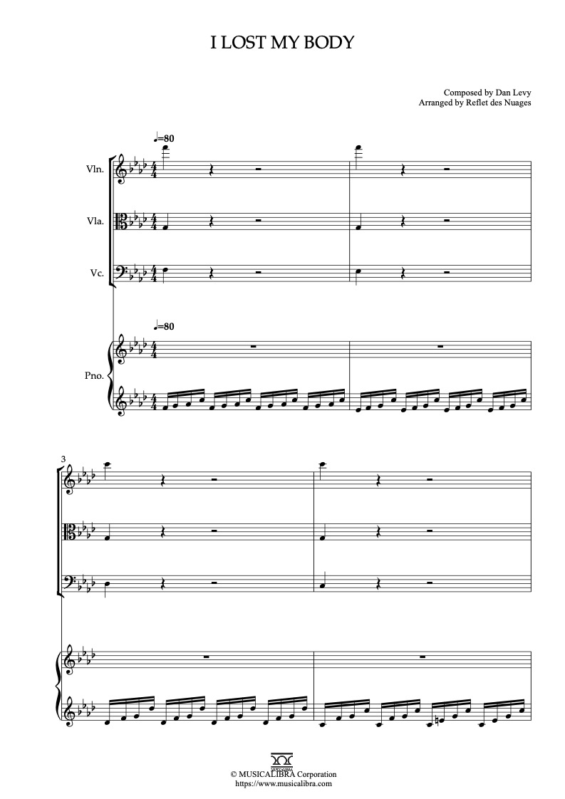 Partitura de I Lost My Body arreglada para cuarteto de violín, viola, violonchelo y piano