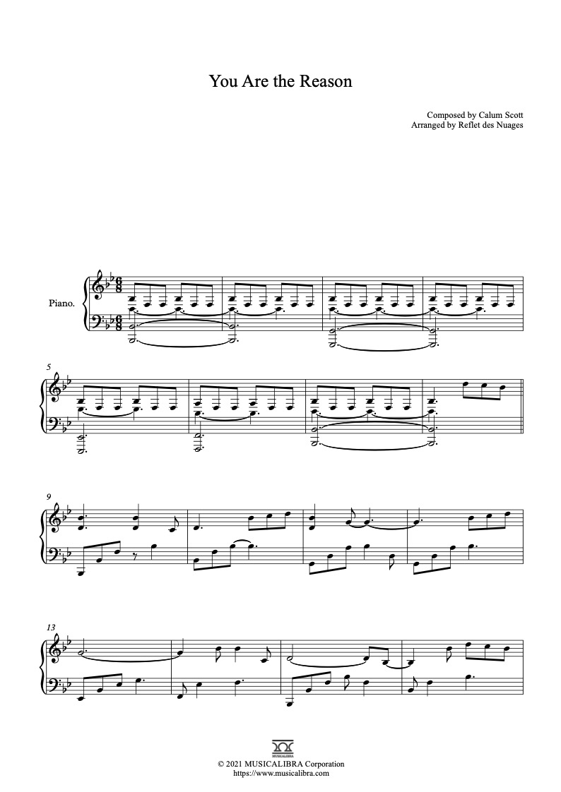 Sheet music of You Are the Reason arranged for piano solo preview page 1