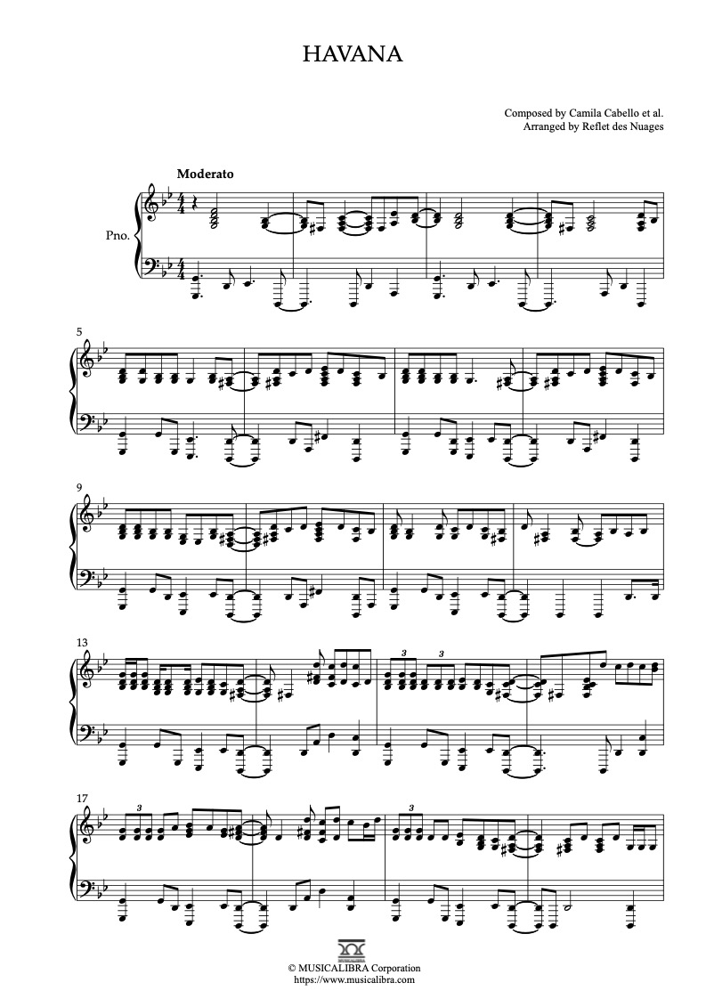 Sheet music of Camila Cabello Havana arranged for piano solo preview page 1