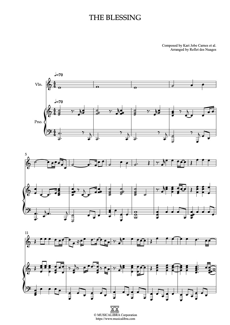 Sheet music of The Blessing arranged for violin and piano duet chamber ensemble preview page 1