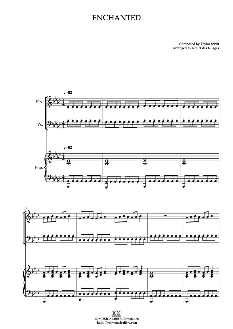 Partitura de Taylor Swift Enchanted arreglada para trío de violín, violonchelo y piano