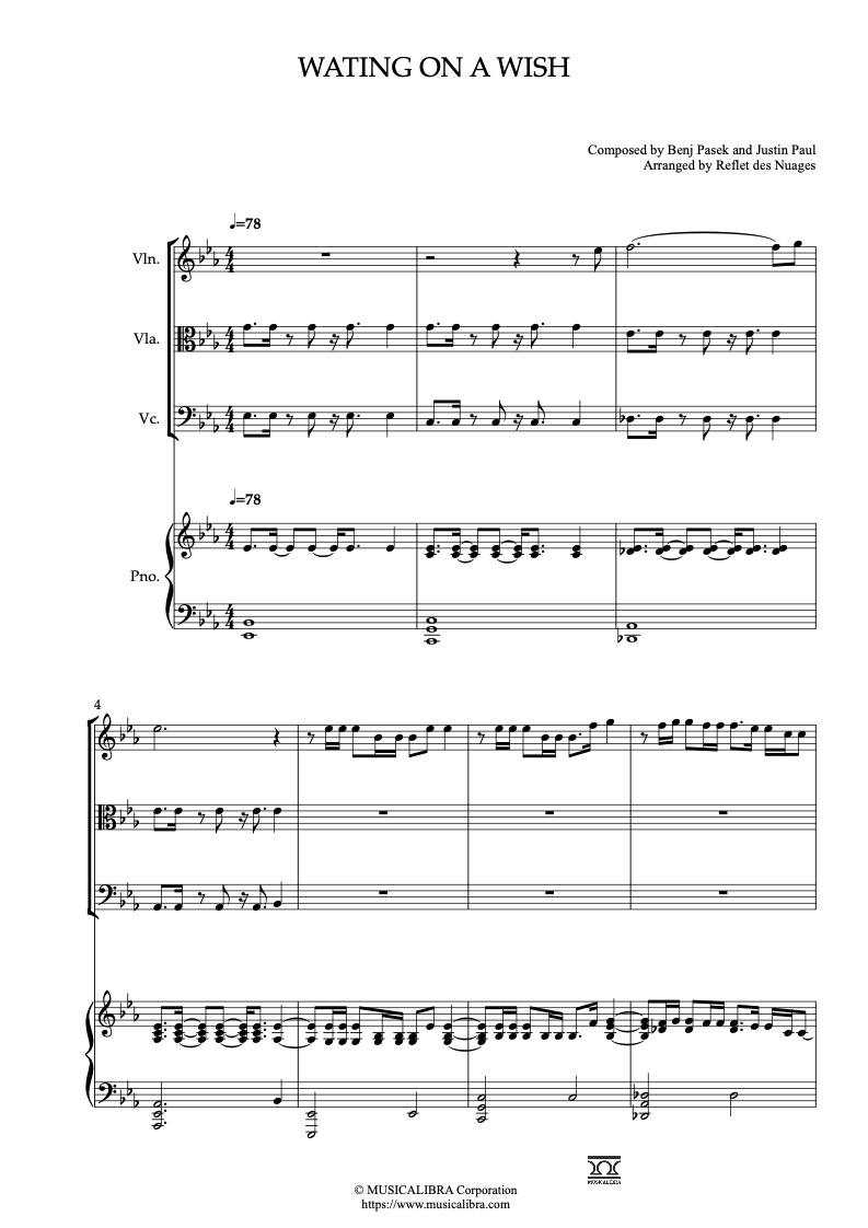 Partitura de Snow White Waiting on a Wish arreglada para cuarteto de violín, viola, violonchelo y piano