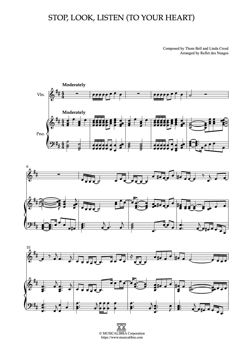 Sheet music of Diana Ross, Marvin Gaye Stop, Look, Listen(To Your Heart) arranged for violin and piano duet chamber ensemble preview page 1