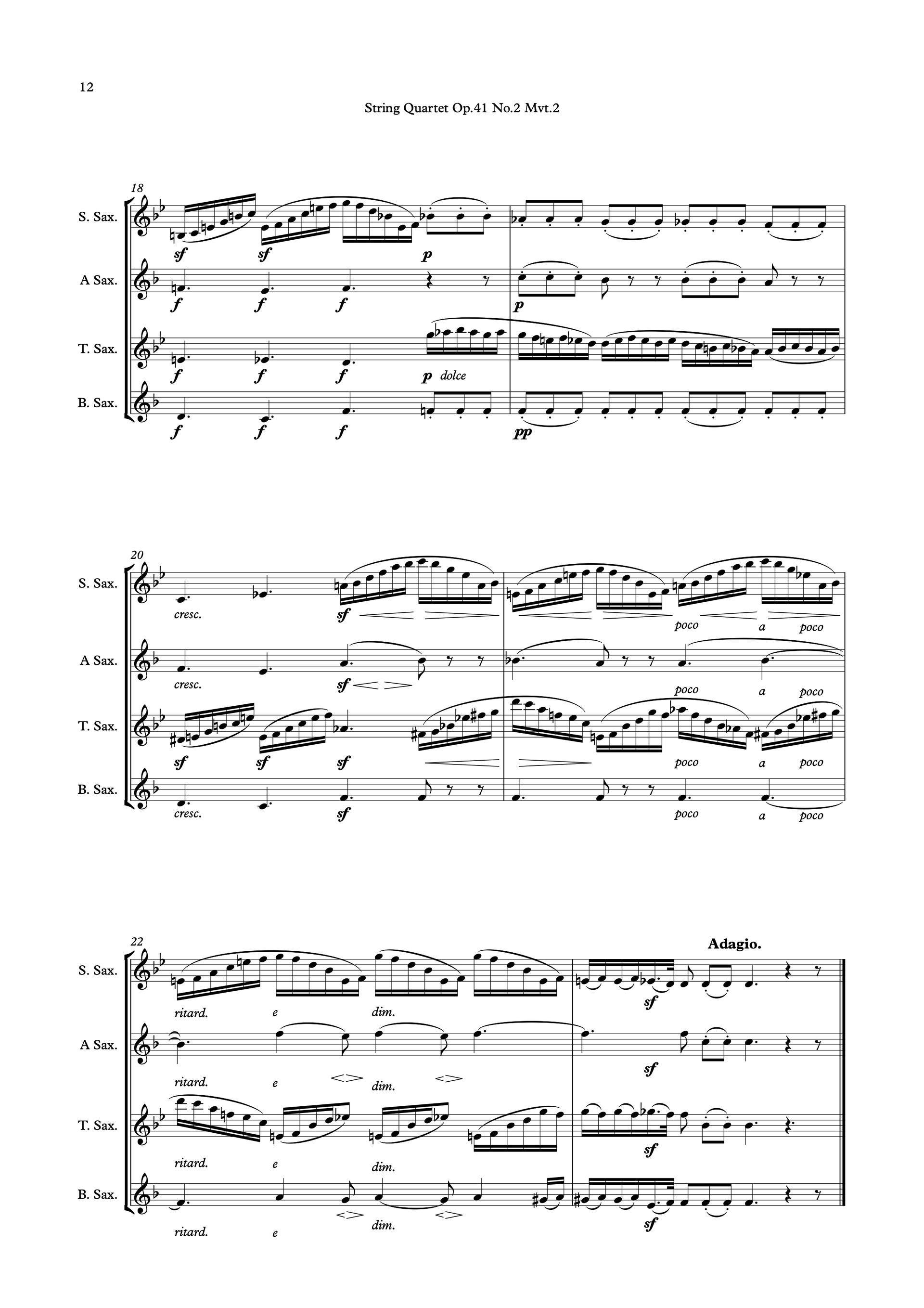 Sheet music of Schumann String Quartet Op. 41, No. 2, 2nd Movement arranged for saxophone quartet preview page 12