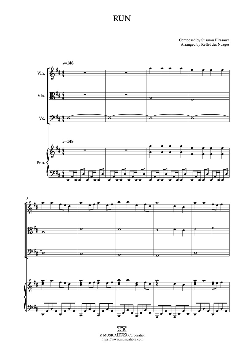 Sheet music of Millennium Actress Run arranged for violin, viola, cello and piano quartet chamber ensemble preview page 1