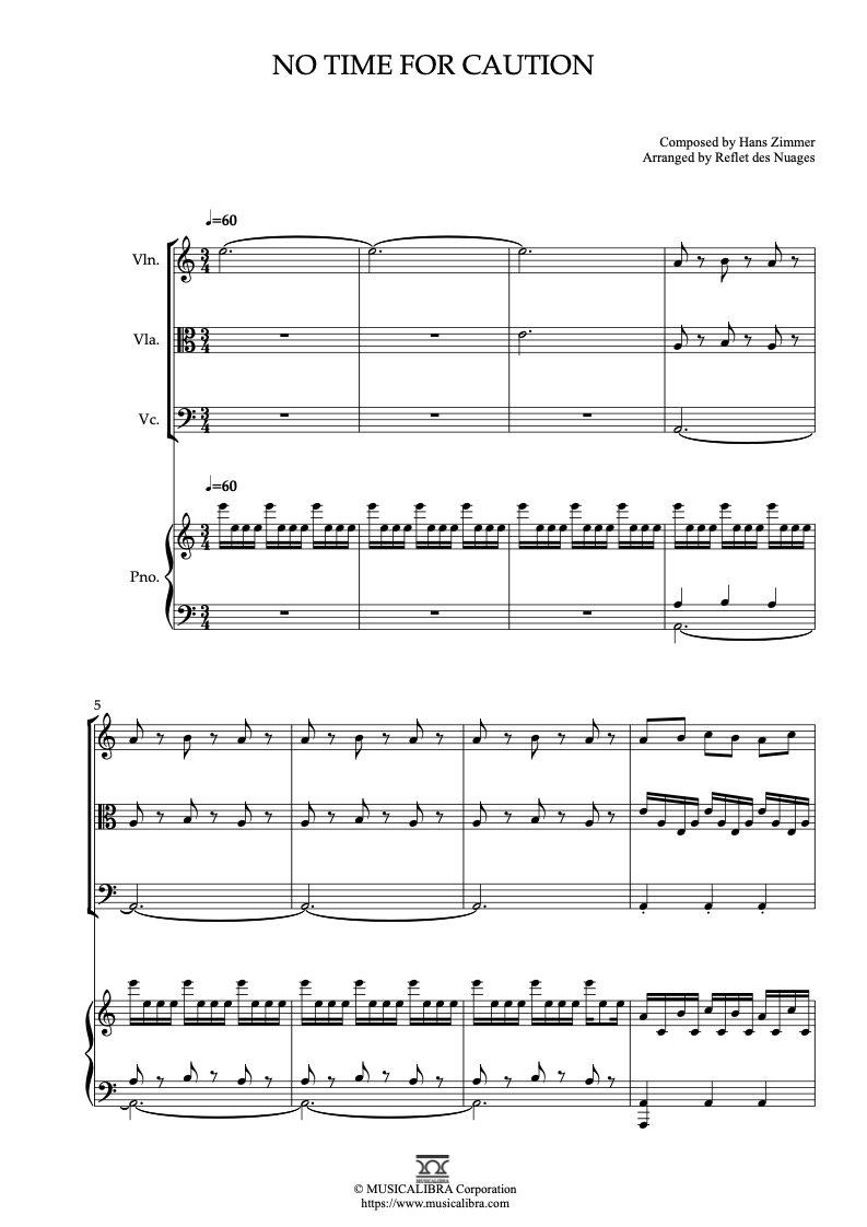 Partitura de No Time for Caution arreglada para cuarteto de violín, viola, violonchelo y piano