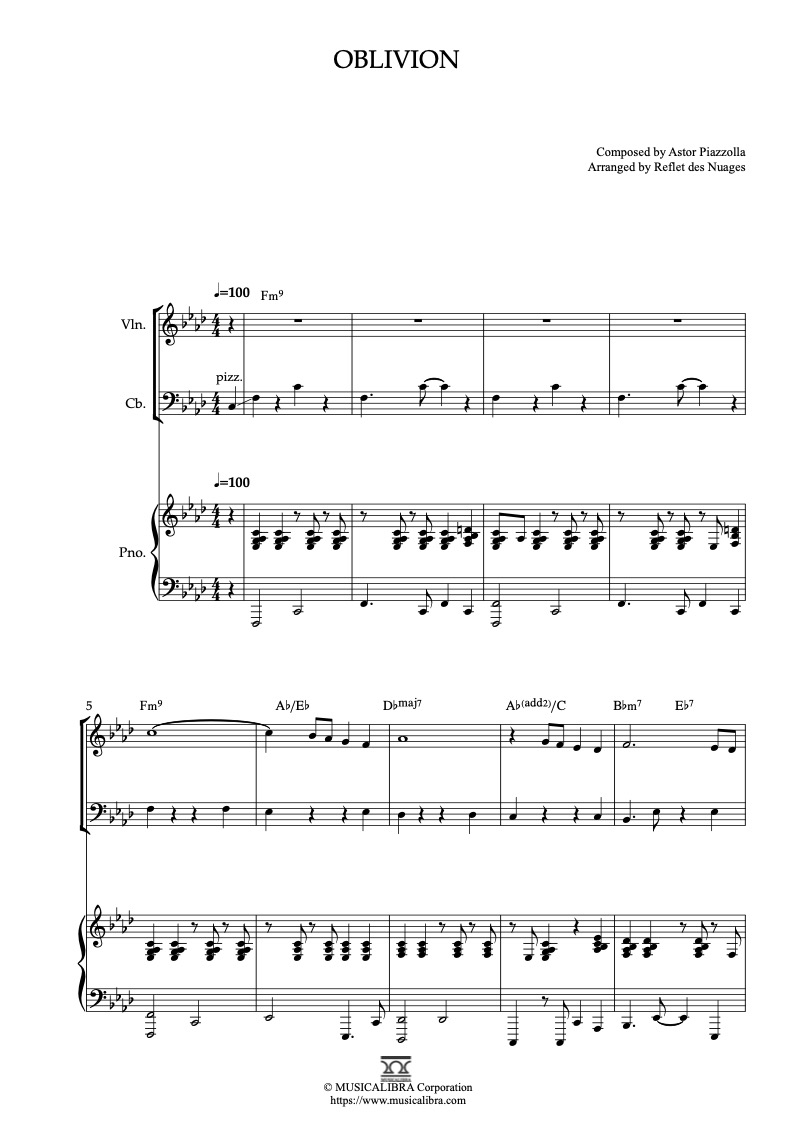 Sheet music of Oblivion arranged for violin, cello and piano trio chamber ensemble preview page 1