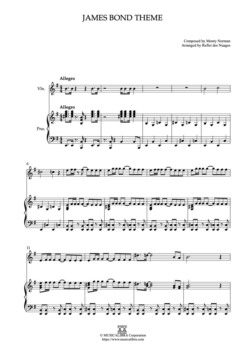 James Bond Theme 二重奏 乐谱 - 小提琴, 钢琴