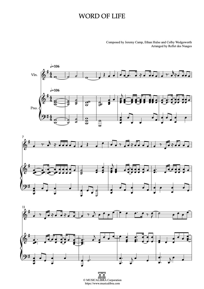 Sheet music of Word of Life arranged for violin and piano duet preview page 1
