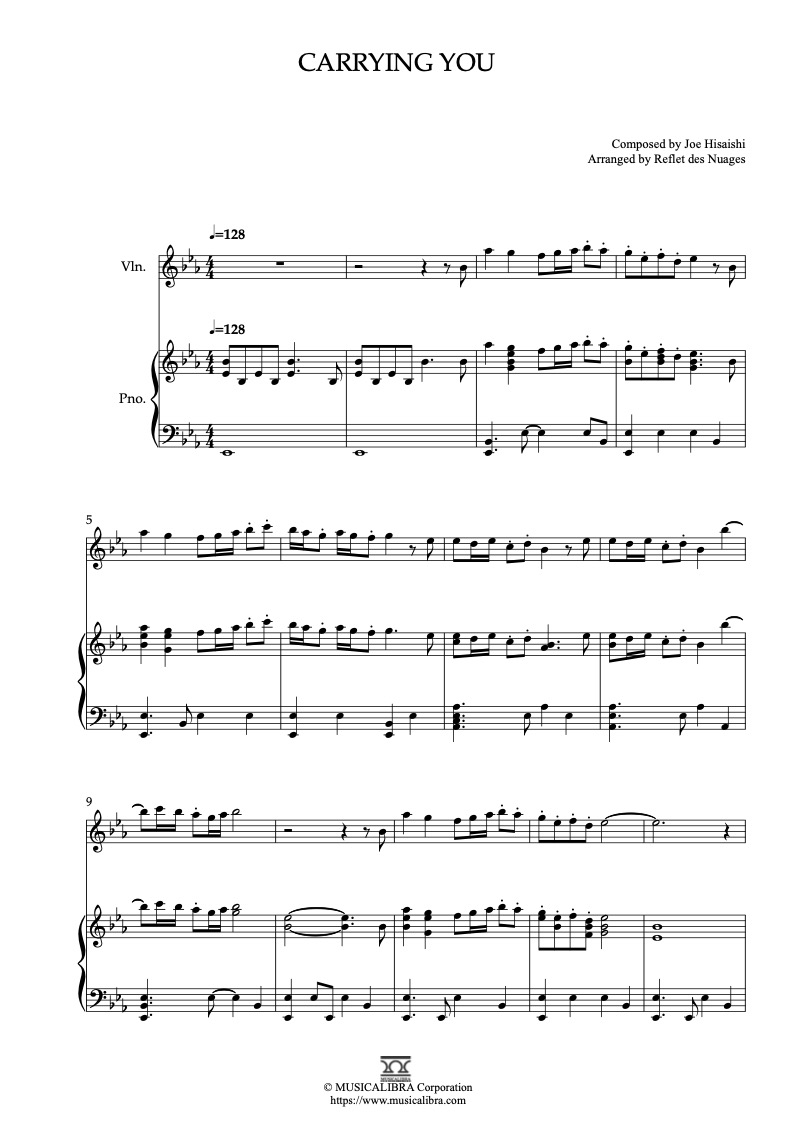 Sheet music of Carrying You(Laputa: Castle in the Sky) arranged for violin and piano duet preview page 1