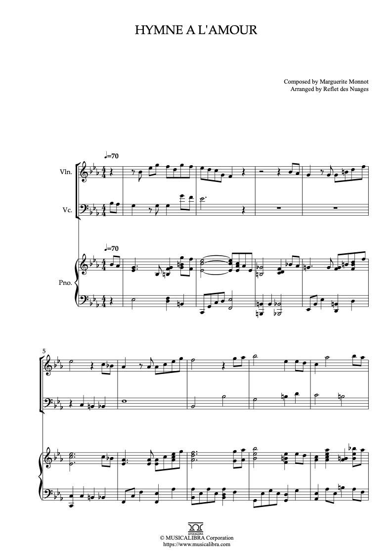 Sheet music of Hymne a L'Amour arranged for violin, cello and piano trio chamber ensemble preview page 1
