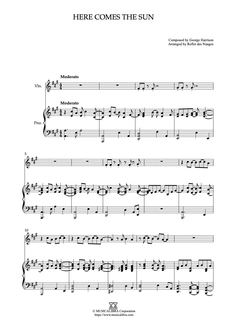 Partitura de The Beatles Here Comes the Sun arreglada para dueto de violín y piano