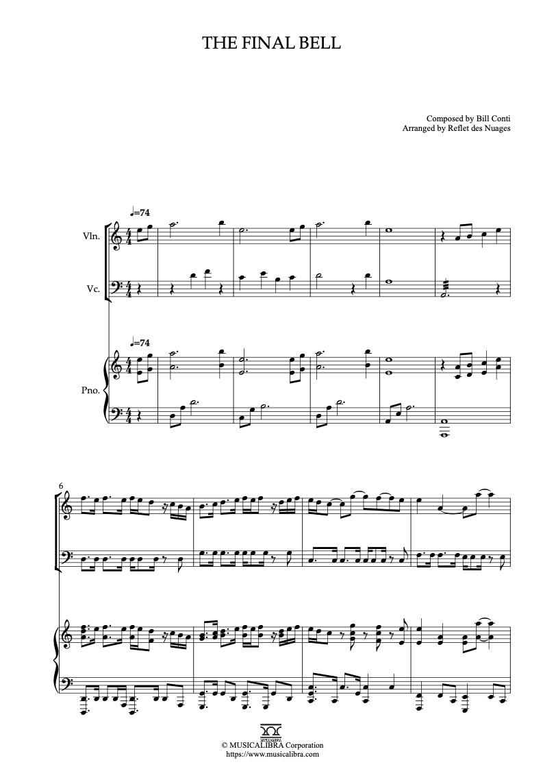 Partitura de Rocky The Final Bell arreglada para trío de violín, violonchelo y piano