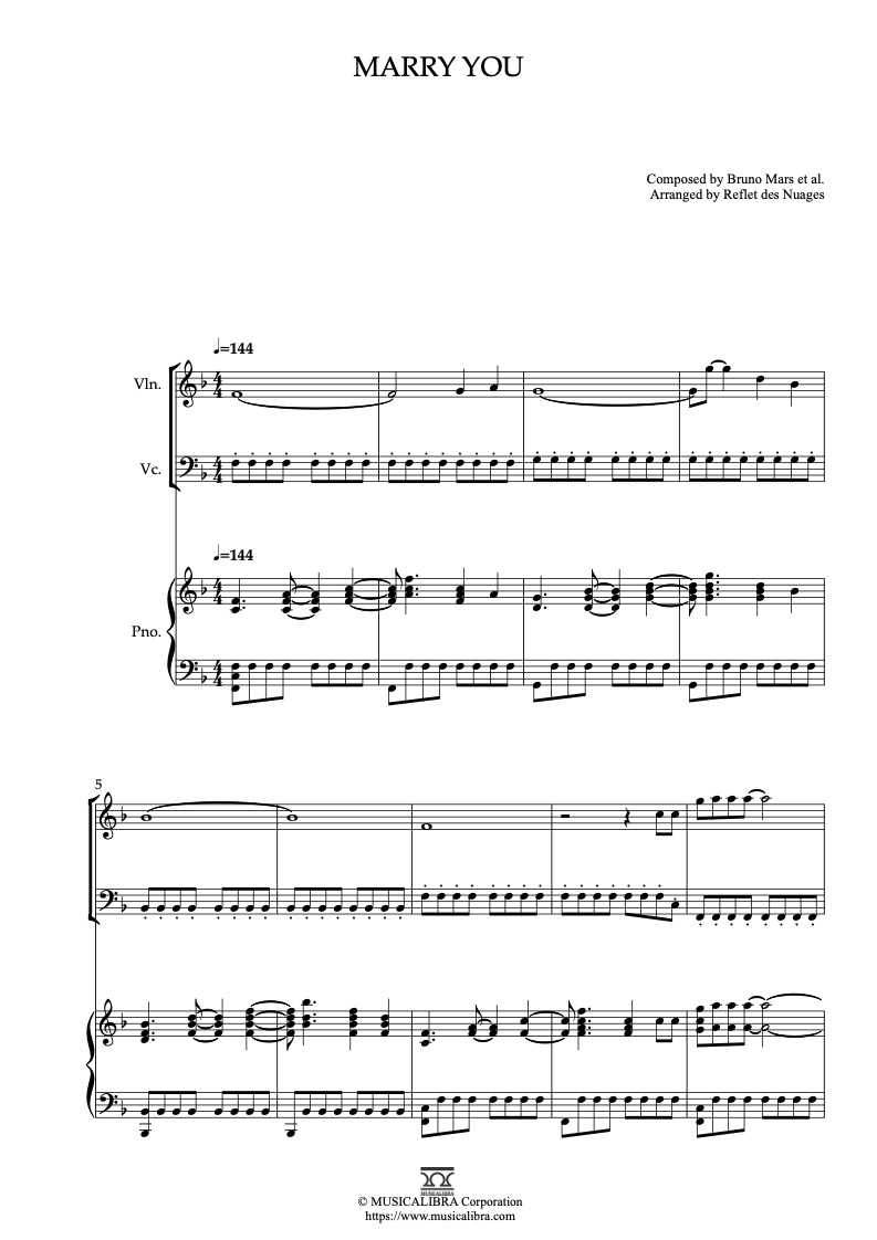 Partitura de Bruno Mars Marry You arreglada para trío de violín, violonchelo y piano