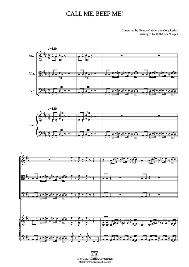 Sheet music of Kim Possible Call Me, Beep Me! arranged for violin, viola, cello and piano quartet chamber ensemble preview page 1