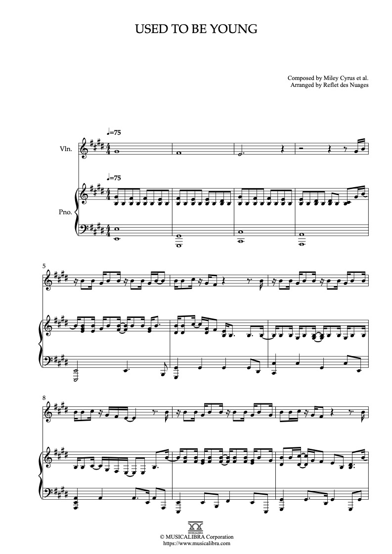 Partitura de Miley Cyrus Used to Be Young arreglada para dueto de violín y piano