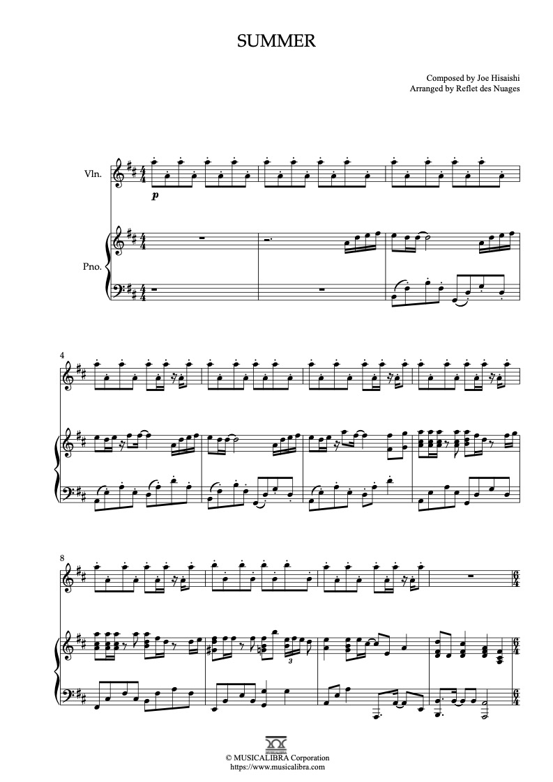 Duet 악보] 기쿠지로의 여름 Summer 편곡 악보 - 바이올린, 피아노 실내악 앙상블 : Musicalibra