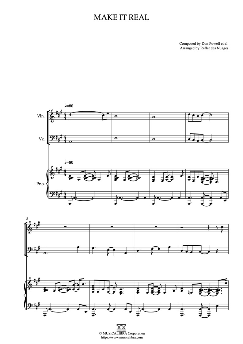 Sheet music of The Jets Make It Real arranged for violin, cello and piano trio chamber ensemble preview page 1