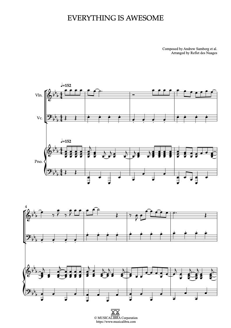 Partitura de The LEGO® Movie Everything Is Awesome arreglada para trío de violín, violonchelo y piano